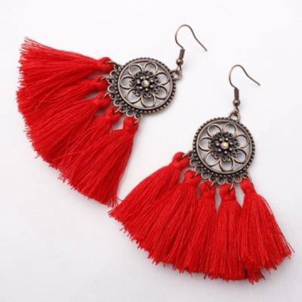 Red Boho Style Tassel Earrings